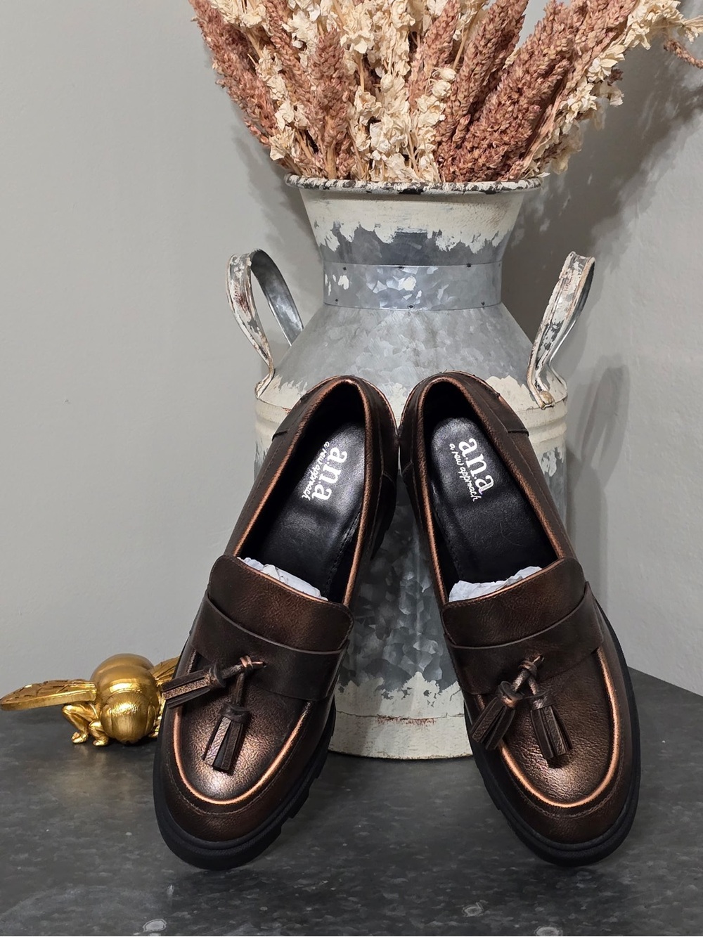 a.n.a. Chunky Bronze Metallic Tassel Platform Lug Loafers NWOB 5.5